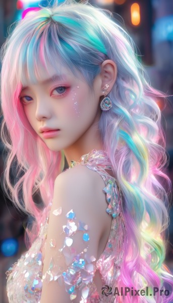 1girl,solo,long hair,breasts,looking at viewer,bangs,blue eyes,dress,bare shoulders,jewelry,medium breasts,closed mouth,blue hair,upper body,pink hair,multicolored hair,earrings,sleeveless,blurry,from side,two-tone hair,lips,looking to the side,eyelashes,aqua hair,gradient hair,makeup,depth of field,blurry background,heterochromia,watermark,wavy hair,gem,eyeshadow,crystal,pink lips,realistic,nose,mascara,rainbow hair,artist name,tears,blunt bangs,necklace,streaked hair,bokeh,pearl (gemstone),diamond (gemstone)