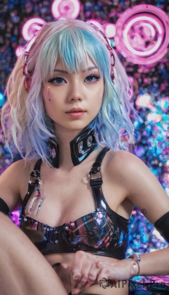 1girl,solo,long hair,breasts,looking at viewer,short hair,bangs,blue eyes,cleavage,bare shoulders,jewelry,medium breasts,sitting,closed mouth,blue hair,multicolored hair,midriff,medium hair,blurry,bracelet,aqua eyes,lips,makeup,depth of field,blurry background,headphones,eyeshadow,realistic,nose,upper body,white hair,nail polish,bra,neon lights