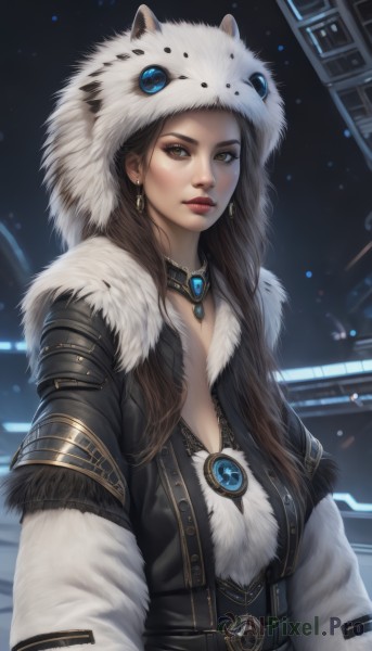 1girl,solo,long hair,breasts,looking at viewer,brown hair,long sleeves,cleavage,brown eyes,jewelry,closed mouth,upper body,earrings,choker,belt,hood,necklace,lips,coat,fur trim,eyelashes,makeup,lipstick,brooch,gem,buckle,pendant,eyeshadow,animal hood,realistic,nose,winter clothes,red lips,eyeliner,parka,pelt