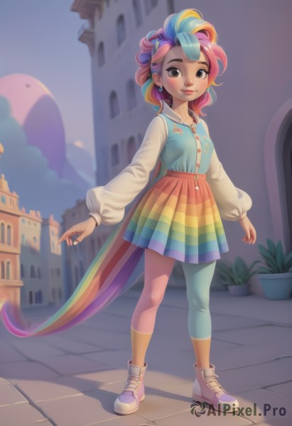 1girl,solo,long hair,breasts,looking at viewer,blush,smile,skirt,shirt,long sleeves,brown eyes,jewelry,closed mouth,blue hair,standing,collarbone,tail,full body,pink hair,purple hair,multicolored hair,pleated skirt,earrings,small breasts,outdoors,sky,shoes,socks,puffy sleeves,collared shirt,artist name,black eyes,two-tone hair,lips,streaked hair,makeup,buttons,ring,blue shirt,plant,building,sneakers,multicolored clothes,horse tail,puffy long sleeves,personification,asymmetrical legwear,arms at sides,potted plant,mismatched legwear,rainbow,multicolored dress,castle,multicolored skirt,multicolored legwear,rainbow order,rainbow gradient,rainbow hair,multicolored stripes,blue eyes,blonde hair,cloud,bird,watermark