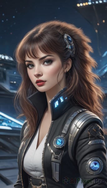 1girl,solo,long hair,breasts,looking at viewer,bangs,brown hair,shirt,hair ornament,cleavage,brown eyes,jewelry,medium breasts,jacket,white shirt,upper body,earrings,parted lips,open clothes,belt,artist name,blurry,open jacket,lips,black jacket,makeup,night,lipstick,zipper,science fiction,nose,red lips,leather,leather jacket,eyelashes,realistic,unzipped