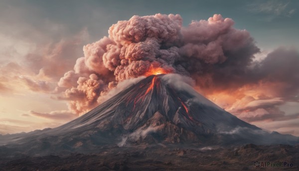 outdoors, sky, cloud, no humans, cloudy sky, fire, scenery, mountain, landscape, molten rock