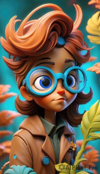 1girl,solo,long hair,looking at viewer,blue eyes,brown hair,shirt,holding,closed mouth,jacket,upper body,flower,glasses,collared shirt,artist name,medium hair,blurry,lips,coat,blurry background,leaf,blue background,goggles,freckles,blue flower,brown jacket,round eyewear,holding flower,brown coat,short hair,hair ornament,depth of field,blue shirt,messy hair,blue-framed eyewear,blue-tinted eyewear