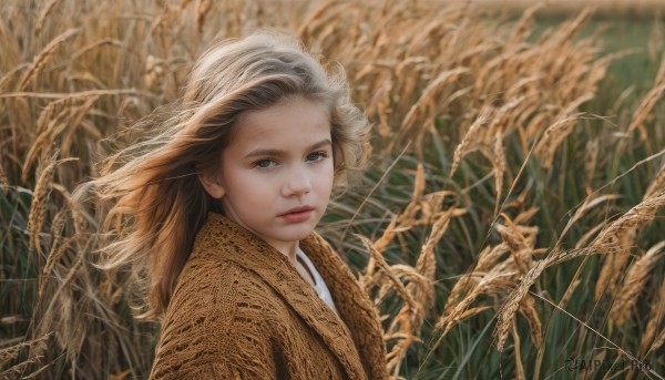 1girl,solo,long hair,looking at viewer,brown hair,hat,brown eyes,closed mouth,upper body,grey hair,outdoors,blurry,lips,grey eyes,grass,plant,animal print,realistic,nose,wheat,green eyes,japanese clothes,day,signature,depth of field,wind,field