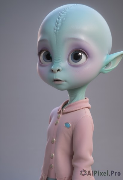 1girl,solo,looking at viewer,blue eyes,simple background,closed mouth,upper body,pointy ears,grey background,black eyes,lips,grey eyes,buttons,colored skin,cardigan,monster girl,child,freckles,realistic,blue skin,female child,alien,nose,bald,green skin