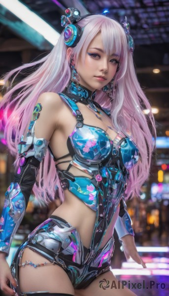 1girl,solo,long hair,breasts,looking at viewer,bangs,hair ornament,thighhighs,cleavage,bare shoulders,jewelry,medium breasts,standing,pink hair,multicolored hair,cowboy shot,earrings,detached sleeves,shorts,midriff,nail polish,blurry,lips,short shorts,gradient hair,makeup,blurry background,headgear,science fiction,realistic,white hair,parted lips,armor,leotard,fingernails,headphones,watermark,cyberpunk