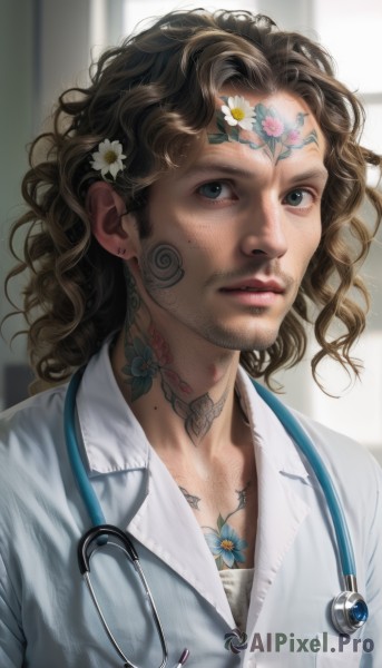 solo,looking at viewer,blue eyes,brown hair,shirt,hair ornament,1boy,jewelry,white shirt,upper body,flower,male focus,earrings,parted lips,collared shirt,indoors,hair flower,medium hair,mole,blurry,lips,window,tattoo,blurry background,facial hair,wavy hair,portrait,beard,freckles,curly hair,realistic,nose,stubble,id card,lanyard,stethoscope,neck tattoo,doctor,1girl,long hair,necklace,mustache,labcoat