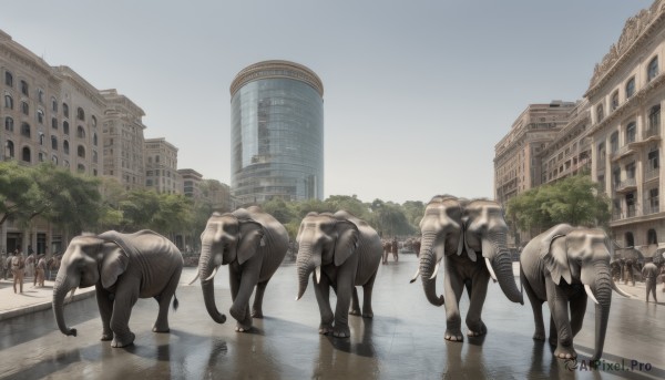 outdoors,sky,day,water,tree,no humans,animal,building,scenery,reflection,horse,puddle,walking,6+boys,city,road,street,elephant