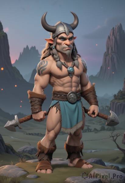 solo,long hair,looking at viewer,blue eyes,brown hair,black hair,1boy,navel,holding,jewelry,nipples,standing,full body,weapon,braid,male focus,thighs,outdoors,horns,pointy ears,belt,necklace,stomach,holding weapon,twin braids,tree,tattoo,muscular,facial hair,thick thighs,abs,thick eyebrows,helmet,pectorals,muscular male,bara,pelvic curtain,beard,large pectorals,topless male,rock,mountain,mature male,mustache,fake horns,arm tattoo,axe,bare pectorals,loincloth,biceps,stomach tattoo,holding axe,horned helmet,grey hair,earrings,sky,barefoot,piercing,grass,ear piercing,dual wielding