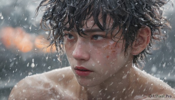 1girl,solo,short hair,bangs,black hair,1boy,collarbone,male focus,nude,outdoors,parted lips,blurry,black eyes,lips,wet,looking to the side,grey eyes,blood,depth of field,blurry background,looking away,messy hair,portrait,snow,rain,injury,blood on face,snowing,realistic,nose,red lips,wet hair,bare shoulders,makeup,lipstick,wind,freckles