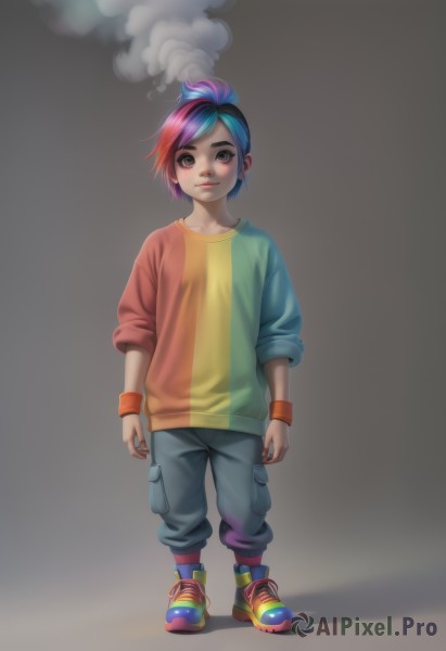 1girl,solo,looking at viewer,smile,short hair,simple background,shirt,brown eyes,blue hair,standing,full body,ponytail,pink hair,purple hair,multicolored hair,shoes,pants,nail polish,two-tone hair,lips,makeup,watermark,lipstick,wristband,sneakers,child,web address,multicolored clothes,sleeves rolled up,smoke,personification,arms at sides,female child,rainbow hair,freckles