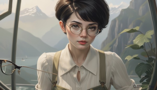 1girl,solo,looking at viewer,short hair,bangs,brown hair,shirt,black hair,holding,brown eyes,jewelry,white shirt,upper body,earrings,parted lips,glasses,day,striped,collared shirt,indoors,lips,eyelashes,window,dress shirt,buttons,swept bangs,leaf,suspenders,plant,vertical stripes,sleeves rolled up,freckles,black-framed eyewear,striped shirt,mountain,nose,round eyewear,stud earrings,overalls,scissors,vertical-striped shirt,brown-framed eyewear,blush,closed mouth,outdoors,sky,water,makeup,realistic,red lips,yellow-framed eyewear