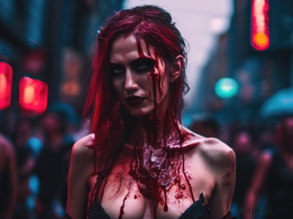 1girl,solo,long hair,breasts,looking at viewer,blue eyes,large breasts,cleavage,bare shoulders,medium breasts,swimsuit,upper body,bikini,red hair,solo focus,necklace,blurry,lips,blood,makeup,depth of field,blurry background,lipstick,blood on face,realistic,nose,blood on clothes,blood splatter,gloves,closed mouth,collarbone