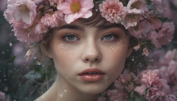 1girl, solo, looking at viewer, brown hair, hair ornament, green eyes, flower, parted lips, hair flower, blurry, lips, eyelashes, portrait, close-up, pink flower, freckles, water drop, realistic, nose