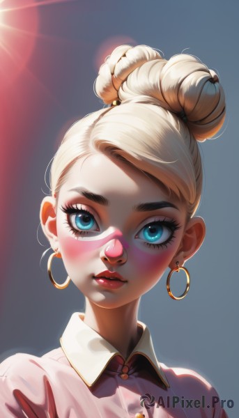 1girl,solo,looking at viewer,blush,short hair,blue eyes,blonde hair,simple background,shirt,jewelry,upper body,earrings,parted lips,collared shirt,hair bun,lips,eyelashes,makeup,blue background,sunlight,single hair bun,lipstick,portrait,lens flare,eyeshadow,pink shirt,hoop earrings,facepaint,mascara,bangs,closed mouth,white shirt,buttons,backlighting,pink lips,nose,red lips