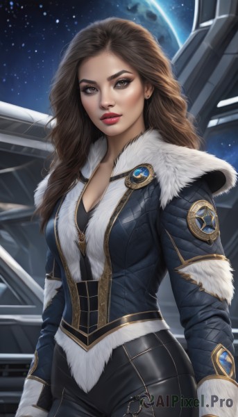 1girl,solo,long hair,breasts,looking at viewer,brown hair,gloves,cleavage,brown eyes,medium breasts,jacket,cowboy shot,sky,pants,lips,fur trim,makeup,wavy hair,black pants,lipstick,star (sky),starry sky,science fiction,nose,red lips,space,planet,earth (planet),spacecraft,large breasts,shirt,long sleeves,jewelry,earrings,corset,eyeshadow,realistic,thick lips