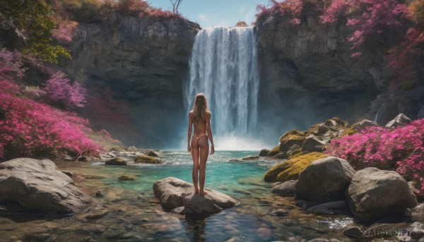 1girl, solo, long hair, brown hair, standing, swimsuit, ass, outdoors, sky, barefoot, day, water, from behind, dark-skinned female, tree, one-piece swimsuit, back, cherry blossoms, scenery, rock, waterfall