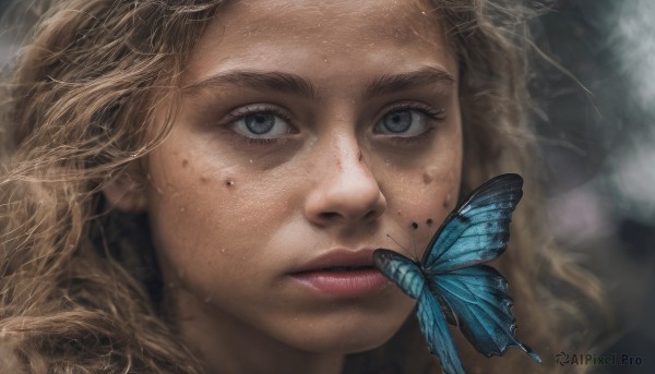 1girl, solo, long hair, blue eyes, blonde hair, lips, grey eyes, eyelashes, bug, butterfly, portrait, close-up, freckles, realistic, nose, blue butterfly