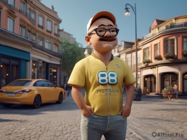 solo,looking at viewer,brown hair,shirt,1boy,hat,short sleeves,male focus,outdoors,sky,glasses,day,pants,blurry,tree,blurry background,facial hair,sunglasses,denim,ground vehicle,building,baseball cap,motor vehicle,yellow shirt,jeans,realistic,hands in pockets,mustache,car,road,house,lamppost,old man,street,fat man,smile,closed mouth,standing,black eyes,blue sky,window,depth of field,clothes writing,black-framed eyewear,hand in pocket,nose,old,fat