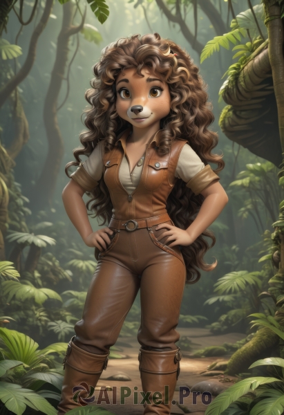 1girl,solo,long hair,breasts,looking at viewer,smile,brown hair,shirt,animal ears,cleavage,brown eyes,medium breasts,very long hair,closed mouth,standing,full body,white shirt,short sleeves,small breasts,boots,outdoors,day,belt,pants,artist name,signature,dark skin,blurry,dark-skinned female,tree,leaf,watermark,wavy hair,brown footwear,sunlight,thick eyebrows,knee boots,plant,messy hair,nature,web address,furry,sleeves rolled up,forest,zipper,freckles,curly hair,pocket,hands on hips,furry female,breast pocket,zipper pull tab,leather,mushroom,leather boots,vest,lips,unzipped,brown pants,brown fur,foliage