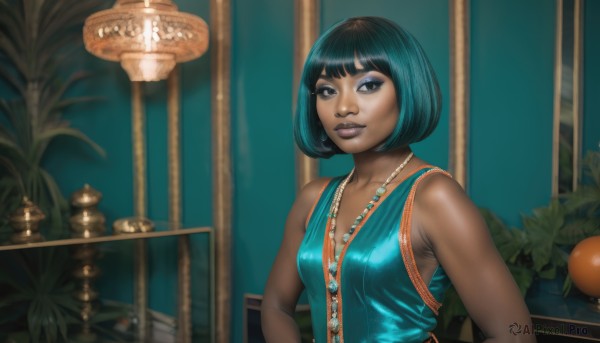 1girl,solo,breasts,looking at viewer,smile,short hair,bangs,black hair,dress,bare shoulders,brown eyes,jewelry,blue hair,upper body,small breasts,sleeveless,indoors,dark skin,blunt bangs,necklace,blurry,black eyes,dark-skinned female,lips,makeup,bob cut,plant,lipstick,eyeshadow,realistic,nose,potted plant,lamp,eyeliner,candle,food,vest,fruit,tank top,orange (fruit)