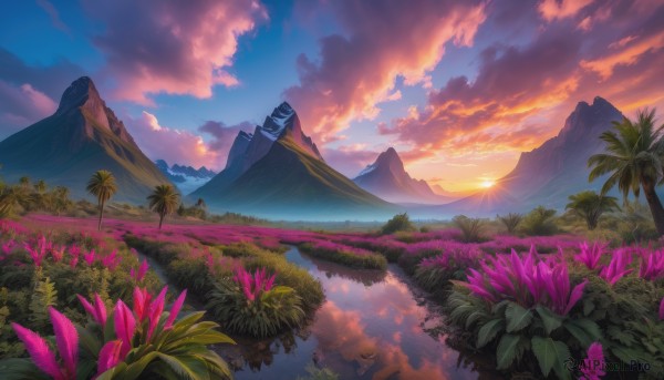 flower, outdoors, sky, cloud, water, tree, no humans, cloudy sky, plant, nature, scenery, reflection, sunset, mountain, sun, landscape, mountainous horizon