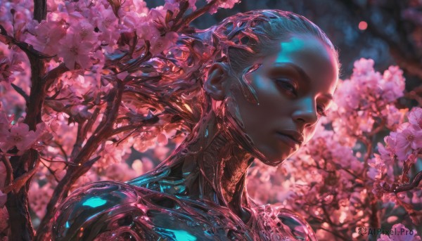 1girl, solo, looking at viewer, closed mouth, upper body, flower, dark skin, blurry, tree, lips, blurry background, cherry blossoms, portrait, science fiction, realistic, nose, android, branch