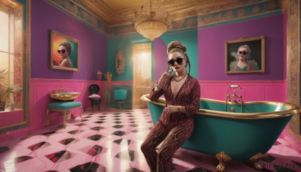 1girl,solo,long hair,breasts,looking at viewer,blonde hair,brown hair,dress,cleavage,jewelry,medium breasts,sitting,earrings,indoors,necklace,hair bun,window,makeup,mask,parody,formal,table,sunlight,sunglasses,crossed legs,suit,plant,reflection,hoop earrings,mirror,card,tiles,bathing,bath,photo (object),tile floor,checkered floor,stool,bathtub,painting (object),bathrobe,holding,no bra,chair,lipstick,lamp,plunging neckline