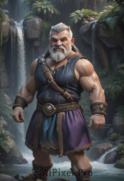 solo,long hair,looking at viewer,smile,1boy,bare shoulders,jewelry,closed mouth,standing,full body,closed eyes,white hair,male focus,boots,outdoors,horns,sleeveless,belt,water,tree,muscular,facial hair,scar,sandals,thick eyebrows,pectorals,muscular male,wristband,nature,beard,wading,clenched hands,veins,rock,mature male,realistic,mustache,old,old man,waterfall,wrinkled skin,grey hair,one eye closed,leaf,bara