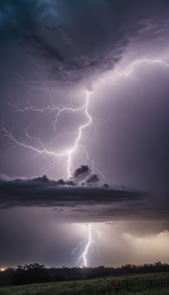 outdoors,sky,cloud,tree,no humans,cloudy sky,grass,scenery,electricity,lightning,landscape,water,night,nature,night sky,reflection,horizon,dark