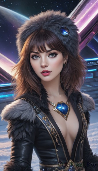 1girl,solo,long hair,breasts,looking at viewer,bangs,blue eyes,brown hair,hat,cleavage,jewelry,medium breasts,collarbone,upper body,earrings,small breasts,parted lips,sky,belt,signature,medium hair,necklace,star (symbol),lips,coat,grey eyes,fur trim,eyelashes,black headwear,no bra,makeup,lipstick,brooch,gem,star (sky),buckle,pendant,starry sky,science fiction,belt buckle,realistic,nose,red lips,eyeliner,space,planet,fur hat,earth (planet),mascara,spacecraft,plunging neckline,short hair,teeth,hood,watermark,eyeshadow