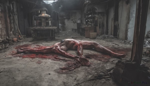 1girl,solo,1boy,nude,lying,indoors,completely nude,blood,table,on stomach,science fiction,realistic,ruins,death,guro,corpse,short hair,weapon,male focus,food,muscular,on side,chair,plant,scenery,topless male,blood splatter,messy room