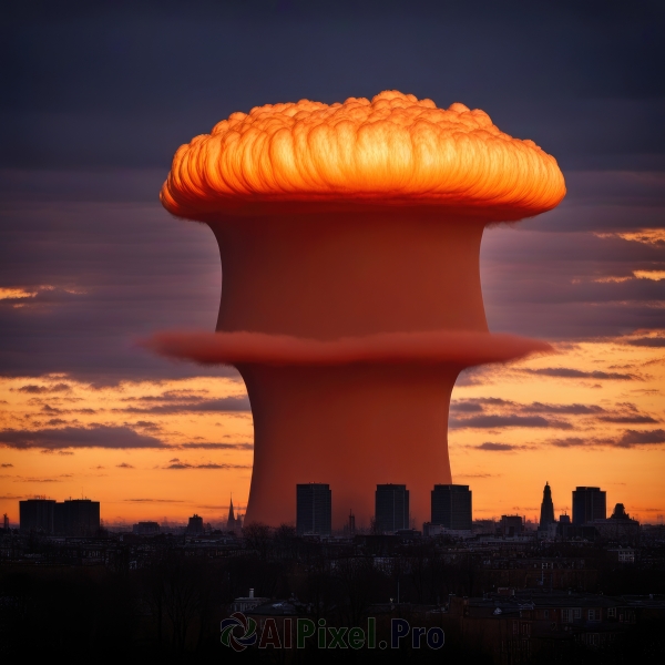 outdoors,sky,cloud,no humans,cloudy sky,building,scenery,sunset,city,cityscape,mushroom,skyscraper,evening,gradient sky,orange sky,skyline,signature,tree,grass,ground vehicle,motor vehicle,realistic