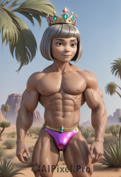 solo,looking at viewer,smile,short hair,bangs,1boy,navel,brown eyes,closed mouth,nipples,standing,swimsuit,grey hair,male focus,thighs,cowboy shot,outdoors,sky,day,artist name,dark skin,blunt bangs,stomach,tree,blue sky,lips,muscular,feet out of frame,beach,abs,dark-skinned male,bob cut,crown,pectorals,muscular male,bara,large pectorals,bulge,topless male,realistic,nose,sand,palm tree,male swimwear,swim briefs,1girl,web address,veins