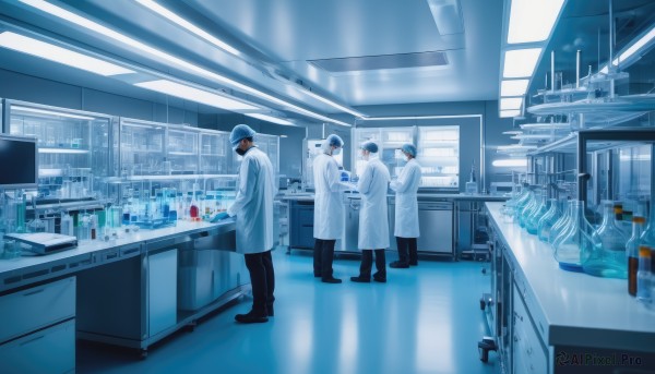 short hair,black hair,long sleeves,hat,standing,male focus,multiple boys,pants,indoors,black footwear,coat,window,mask,black pants,scenery,6+boys,blue theme,mouth mask,labcoat,wide shot,kitchen,shop,ceiling light,doctor,monitor,reflective floor