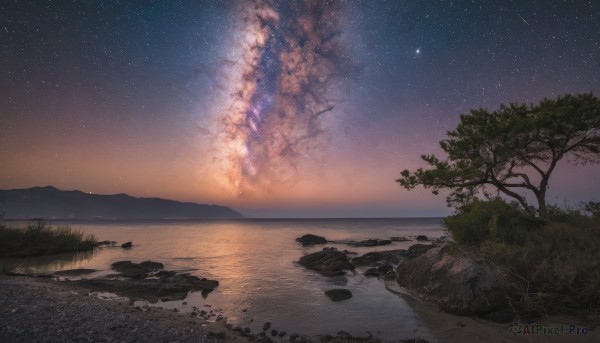 outdoors,sky,cloud,water,tree,no humans,night,grass,star (sky),nature,night sky,scenery,starry sky,reflection,rock,horizon,river,lake,ocean,beach,sunset,sand,shore,shooting star,milky way