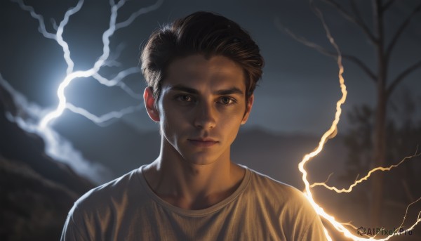 solo,looking at viewer,short hair,brown hair,shirt,black hair,1boy,brown eyes,closed mouth,upper body,male focus,outdoors,sky,cloud,blurry,tree,lips,blurry background,scar,cloudy sky,child,portrait,realistic,electricity,male child,lightning,headphones