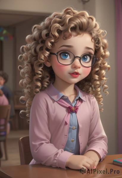 1girl,solo,long hair,looking at viewer,blush,blue eyes,blonde hair,brown hair,shirt,long sleeves,1boy,ribbon,jewelry,sitting,upper body,earrings,parted lips,glasses,solo focus,indoors,nail polish,blurry,flat chest,lips,book,makeup,buttons,blurry background,chair,drill hair,table,cardigan,blue shirt,lipstick,pink nails,black-framed eyewear,curly hair,nose,stud earrings,multiple girls,2girls,jacket,open clothes,teeth,collared shirt,open jacket,eyelashes,depth of field,wavy hair,phone,thick eyebrows,cellphone,own hands together,forehead,desk,pink lips,red lips,thick lips