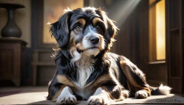 HQ,solo,brown eyes,indoors,blurry,no humans,window,depth of field,blurry background,animal,table,sunlight,dog,realistic,animal focus,looking at viewer,lying,signature,book,on stomach,claws,light rays,light,vase,puppy