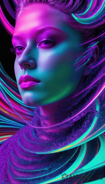 1girl,solo,long hair,looking at viewer,closed mouth,purple eyes,pink hair,purple hair,multicolored hair,lips,eyelashes,makeup,colored skin,lipstick,portrait,realistic,nose,purple skin,purple lips,colorful,short hair,parted lips,artist name,watermark,looking away,blue skin,space,pink skin