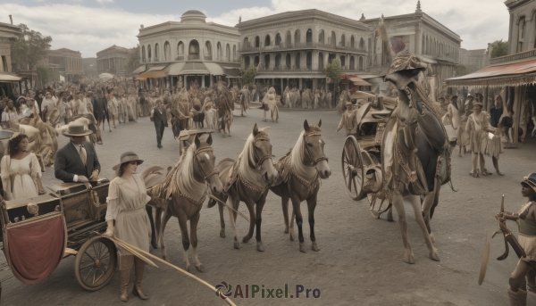 hat,holding,weapon,boots,outdoors,multiple boys,sky,day,sword,cloud,cape,holding weapon,uniform,military,military uniform,6+girls,holding sword,helmet,ground vehicle,building,scenery,motor vehicle,6+boys,flag,road,riding,horse,horseback riding,multiple girls,dress,tree,faceless,city,fantasy,street,crowd,town,people