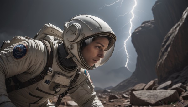 1girl,solo,brown hair,1boy,brown eyes,upper body,male focus,sky,cloud,signature,dark skin,bag,blurry,from side,lips,backpack,helmet,freckles,science fiction,rock,realistic,nose,electricity,lightning,debris,spacesuit,astronaut,gloves,closed mouth,outdoors,uniform,cloudy sky,emblem,looking ahead,american flag