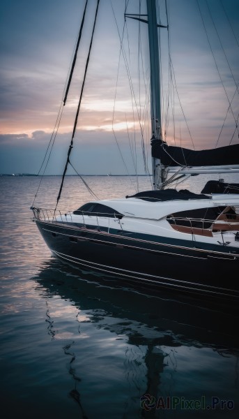 outdoors,sky,cloud,water,no humans,ocean,scenery,reflection,sunset,horizon,watercraft,power lines,ship,utility pole,boat,reflective water,cloudy sky,waves