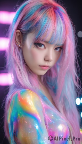 1girl,solo,long hair,looking at viewer,bangs,blue eyes,jewelry,closed mouth,blue hair,upper body,pink hair,multicolored hair,earrings,blunt bangs,black eyes,from side,two-tone hair,lips,eyelashes,makeup,piercing,lipstick,ear piercing,multicolored clothes,eyeshadow,pink lips,realistic,nose,stud earrings,eyeliner,rainbow,colorful,rainbow gradient,rainbow hair,brown eyes,sleeveless,artist name,blurry,watermark,black background