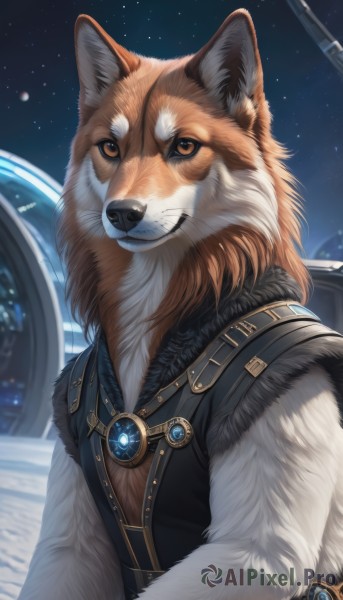 solo,looking at viewer,1boy,brown eyes,jewelry,upper body,male focus,outdoors,sky,vest,fur trim,no humans,night,animal,brooch,gem,star (sky),furry,pendant,starry sky,dog,fantasy,space,animal focus,planet,fur,fluffy,realistic,earth (planet)