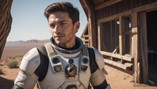 solo,smile,short hair,brown hair,1boy,brown eyes,upper body,male focus,outdoors,day,armor,blurry,tree,lips,looking to the side,blurry background,facial hair,science fiction,realistic,stubble,animification,black hair,parted lips,pilot suit,power armor,spacesuit,astronaut