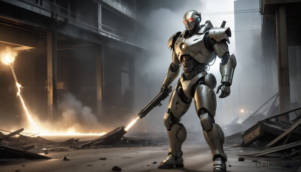 HQ,solo,red eyes,1boy,holding,standing,weapon,holding weapon,armor,gun,no humans,glowing,robot,building,holding gun,mecha,glowing eyes,rifle,smoke,science fiction,city,realistic,military vehicle,cable,arm cannon,ruins,damaged,firing,power armor,debris,dust,radio antenna,sparks