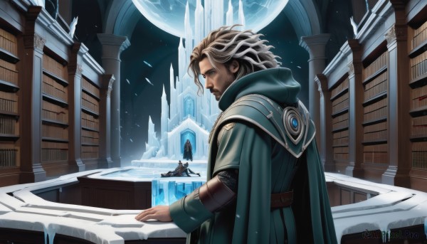 A breathtaking snowy moon with a male
