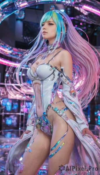 1girl,solo,long hair,breasts,bangs,large breasts,navel,cleavage,bare shoulders,jewelry,medium breasts,blue hair,standing,pink hair,thighs,multicolored hair,cowboy shot,hairband,parted lips,detached sleeves,nail polish,two-tone hair,leotard,lips,aqua hair,gradient hair,detached collar,headgear,revealing clothes,science fiction,realistic,navel cutout,rainbow hair,watermark,cyberpunk