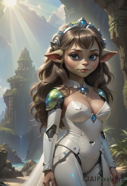 1girl,solo,long hair,breasts,looking at viewer,blue eyes,brown hair,cleavage,medium breasts,standing,cowboy shot,outdoors,sky,day,pointy ears,cloud,water,cape,armor,lips,bodysuit,detached collar,watermark,wavy hair,sunlight,tiara,shoulder armor,gem,pauldrons,light rays,nose,fantasy,arms at sides,sun,sunbeam,pillar,blush,bangs,animal ears,closed mouth,shiny,artist name,blue sky,eyelashes,thick eyebrows,cloudy sky,plant,freckles,android,joints,cyborg,robot joints,waterfall